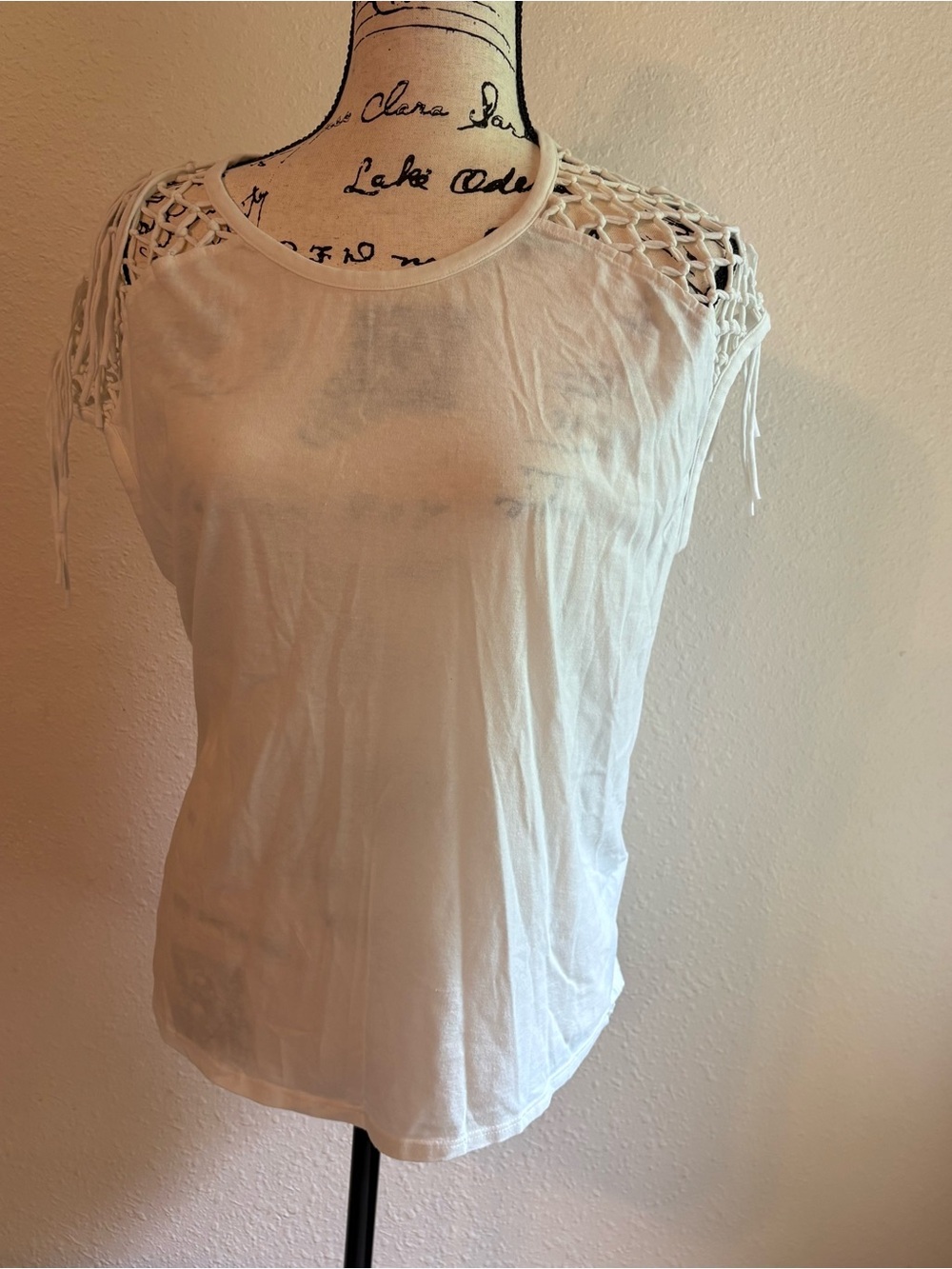 Volcom White Short Sleeve Top with Crochet Shoulder Fringe Detail Size S